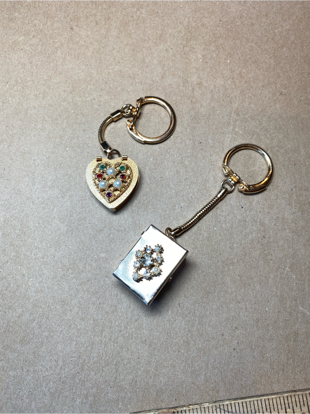 Vintage rhinestone keyring trinket pill cases